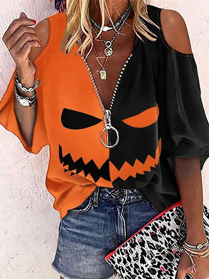 Women's Shirt Blouse Orange Pumpkin Ghost Cut Out Quarter Zip 3/4 Length Sleeve Halloween Weekend Streetwear Casual V Neck Regular S - LuckyFash™