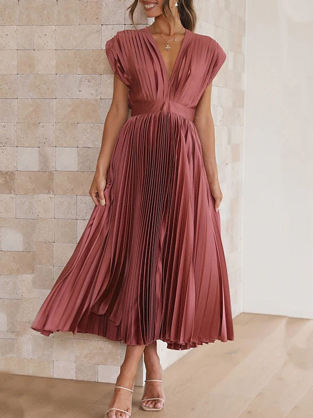 Women's Wedding Guest Dress Swing Dress Formal Dress Long Dress Maxi Dress Black Pink Red Sleeveless Pure Color Pleated Summer Spring Fall V Neck Party Evening Party Wedding Guest Vacation Loose Fit - LuckyFash™