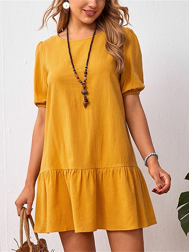 Women's Cotton Linen Dress Casual Dress Mini Dress Cotton Blend Basic Casual Outdoor Daily Crew Neck Ruched Short Sleeve Summer Spring 2023 Loose Fit Black Yellow Sky Blue Plain S M L XL 2XL - LuckyFash™