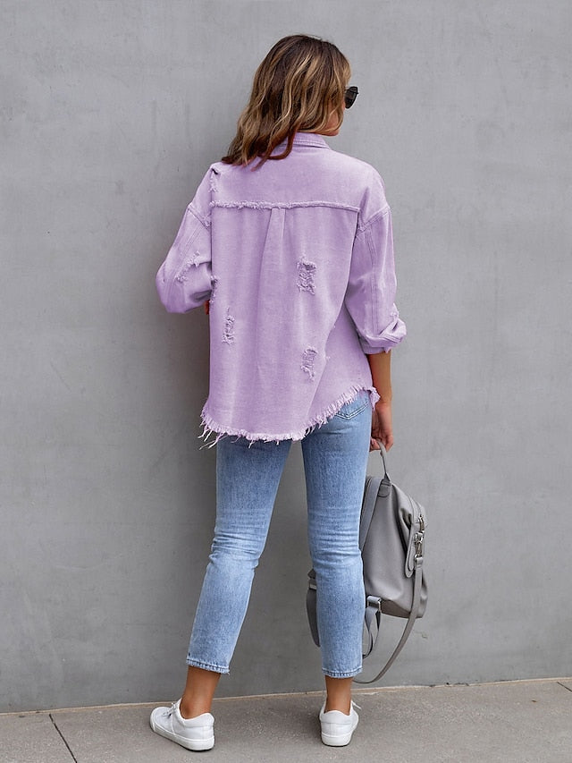 Shacket Pink Purple Orange Plain Button Pocket Long Sleeve Casual Daily Basic Shirt Collar Regular Denim S for Women - LuckyFash™