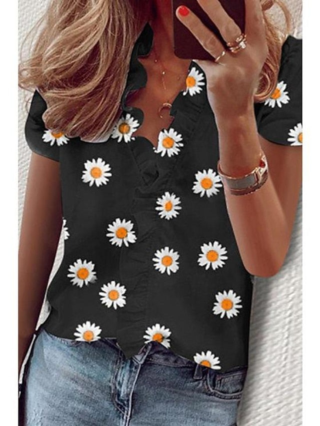 Women's Shirt Blouse Black White Yellow Daisy Ruffle Print Short Sleeve Casual Holiday Basic V Neck Regular Floral S - LuckyFash™