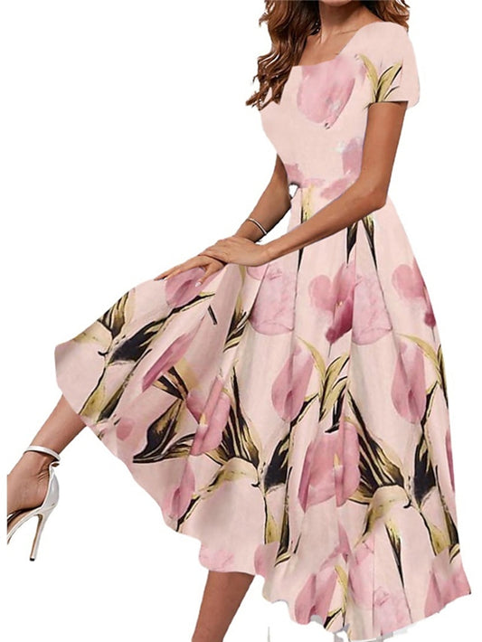 Womenâ€˜s A Line Dress Knee Length Dress Pink Short Sleeve Floral Print Spring Summer Square Neck Elegant Vintage Loose 2023 S M L XL XXL - LuckyFash™