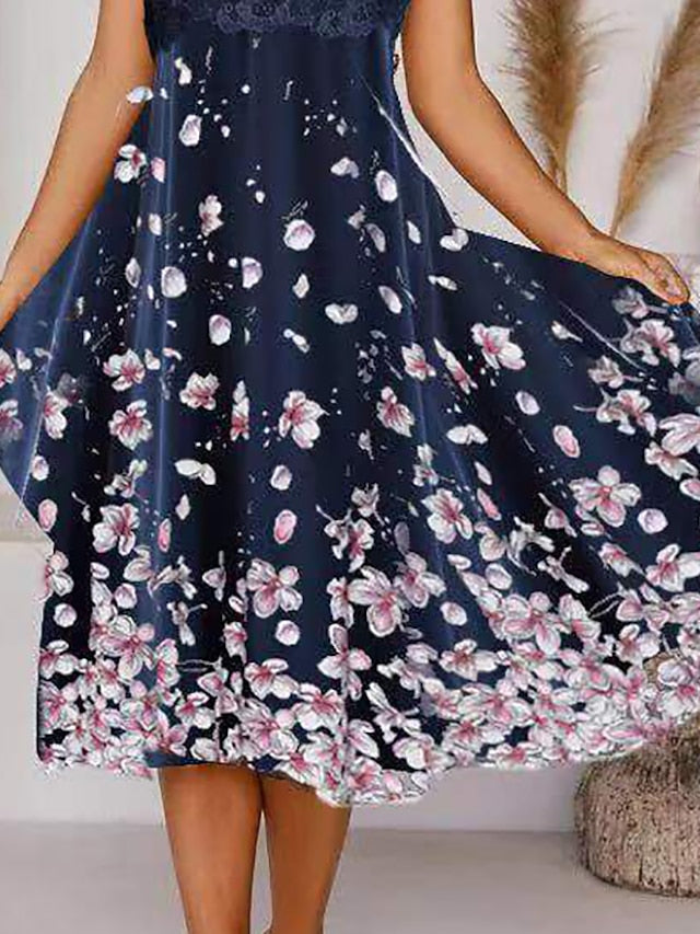 Womenâ€˜s A Line Dress Midi Dress Navy Blue Short Sleeve Floral Print Spring Summer Crew Neck Elegant Modern 2023 3XL - LuckyFash™