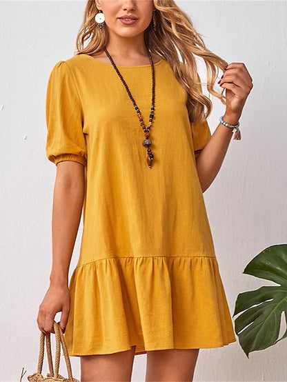 Women's Cotton Linen Dress Casual Dress Mini Dress Cotton Blend Basic Casual Outdoor Daily Crew Neck Ruched Short Sleeve Summer Spring 2023 Loose Fit Black Yellow Sky Blue Plain S M L XL 2XL - LuckyFash™