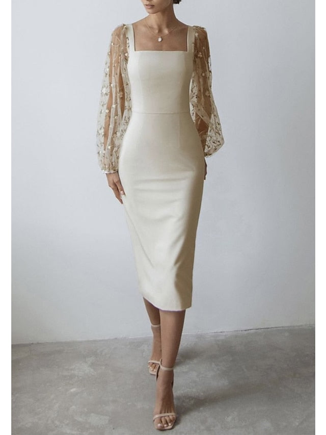 Women's Semi Formal Party Dress Sheath Dress Midi Dress Black White Long Sleeve Floral Mesh Fall Spring Square Neck Winter Dress Wedding Guest Mesh S M L XL - LuckyFash™