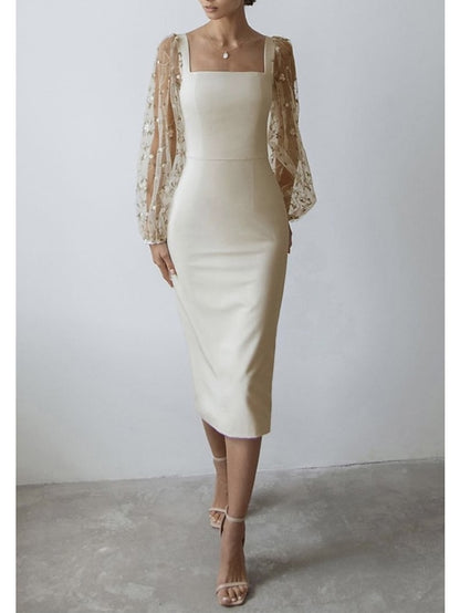 Women's Semi Formal Party Dress Sheath Dress Midi Dress Black White Long Sleeve Floral Mesh Fall Spring Square Neck Winter Dress Wedding Guest Mesh S M L XL - LuckyFash™