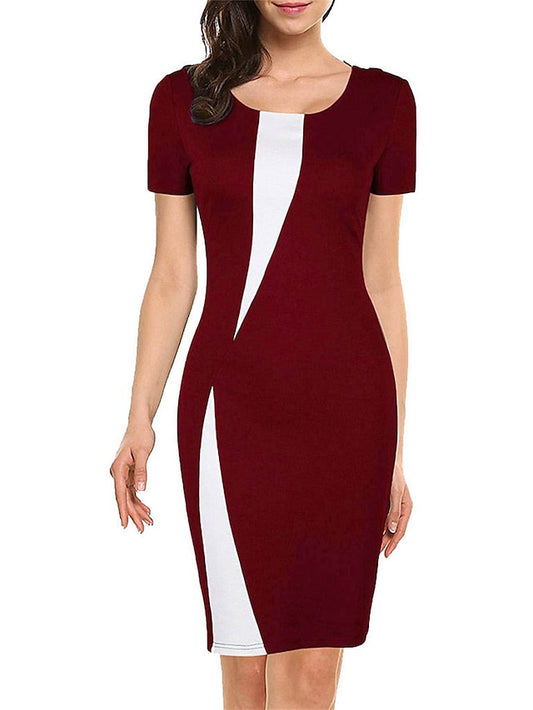 Women's Work Dress Sheath Dress Semi Formal Dress Fashion Midi Dress Patchwork Crew Neck Short Sleeve Color Block Slim Black White Wine Summer Spring S M L XL XXL - LuckyFash™