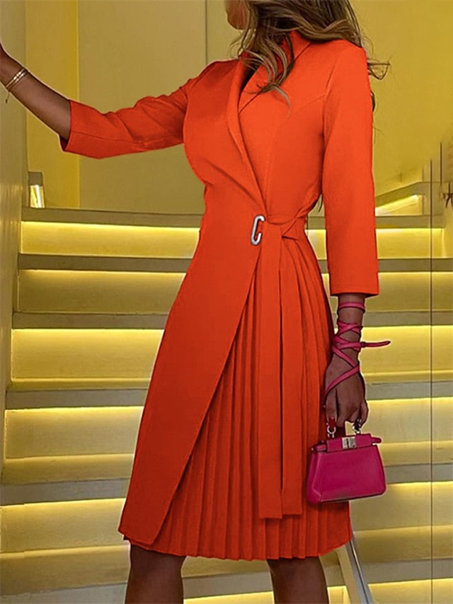 Women's Work Dress Blazer Dress Sheath Dress Midi Dress Black Fuchsia Orange Long Sleeve Pure Color Lace up Winter Fall Autumn Shirt Collar Stylish Winter Dress Daily Fall Dress 2023 S M L XL - LuckyFash™