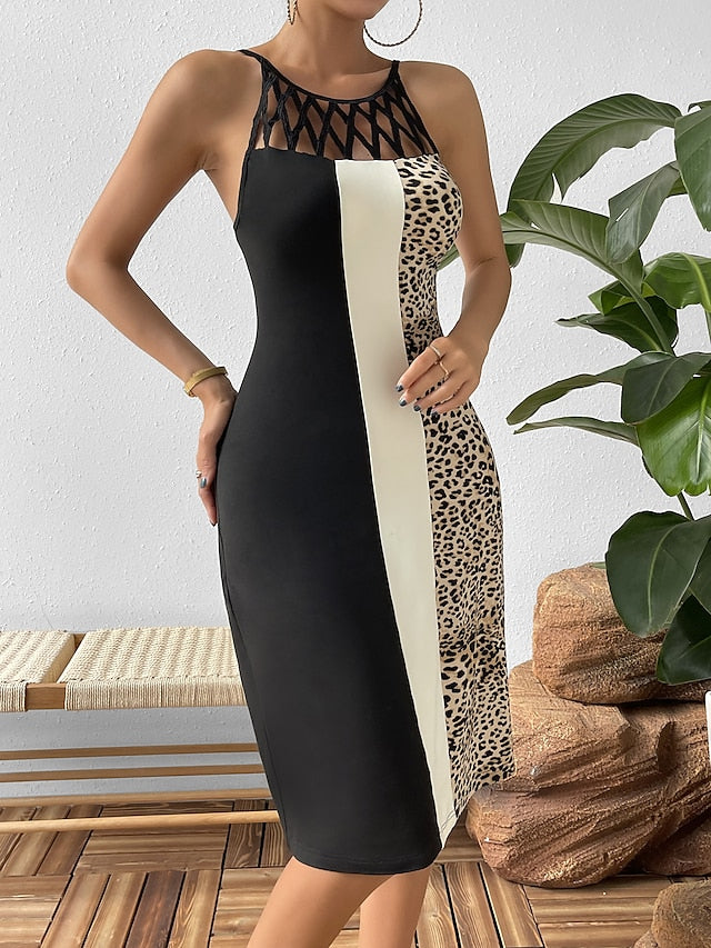 Women's Work Dress Sheath Dress Elegant Mini Dress Cut Out Print Crew Neck Sleeveless Leopard Color Block Regular Fit Black Brown Khaki Summer S M L XL - LuckyFash™