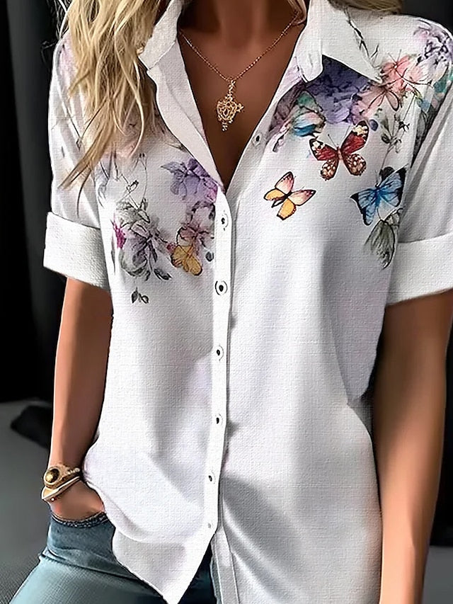 Women's Shirt Blouse White Butterfly Button Print Short Sleeve Casual Basic Shirt Collar Regular Butterfly S - LuckyFash™