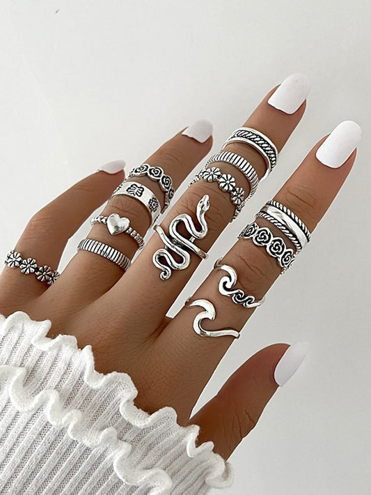 13pcs Ring For Women's Street Daily Prom Alloy Hollow Out Snake Flower - LuckyFash™