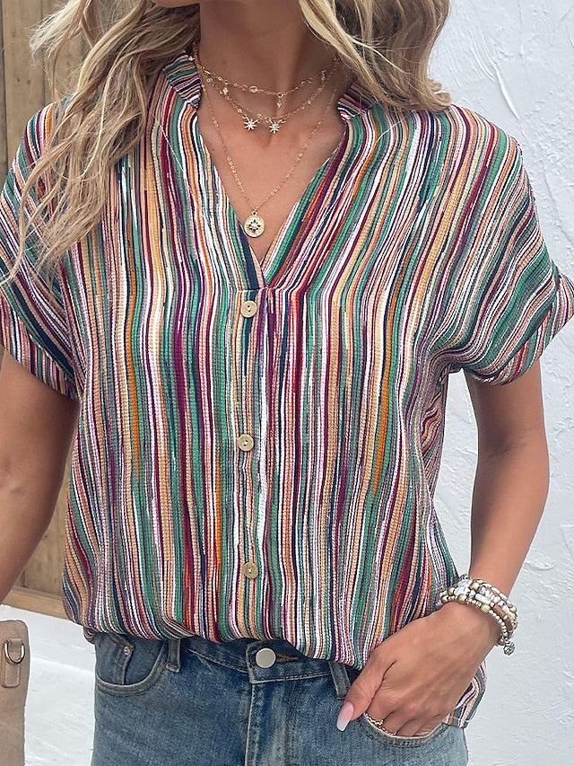 Women's Shirt Blouse Rainbow Striped Button Print Short Sleeve Casual Basic V Neck Regular S - LuckyFash™