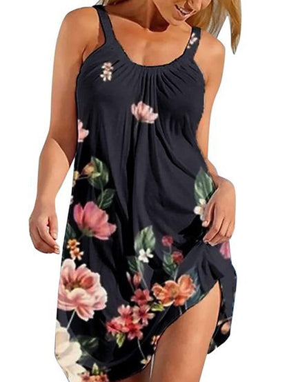 Women's Beach Dress Beach Wear Mini Dress Print Modern Casual Floral Spaghetti Strap Sleeveless Loose Fit Outdoor Daily Black White 2023 Summer Spring XXS XS S M - LuckyFash™