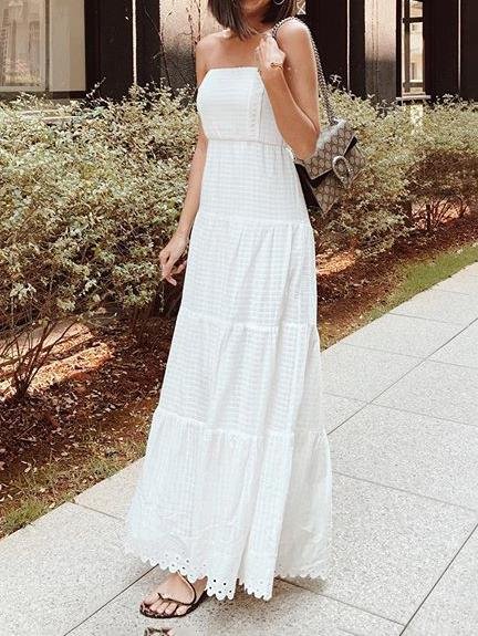 White Color Tube Top Off Shoulder Long Holiday Dress - LuckyFash™