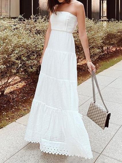 White Color Tube Top Off Shoulder Long Holiday Dress - LuckyFash™
