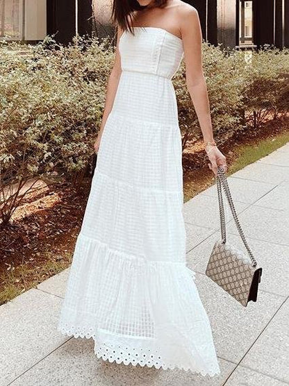 White Color Tube Top Off Shoulder Long Holiday Dress - LuckyFash™