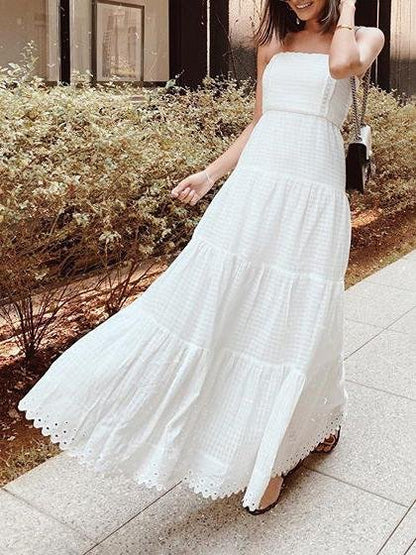 White Color Tube Top Off Shoulder Long Holiday Dress - LuckyFash™