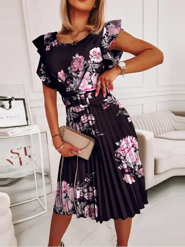 Women's Work Dress Floral Dress Midi Dress Black Pink Blue Short Sleeve Floral Ruched Spring Summer Crew Neck Elegant 2023 S M L XL XXL - LuckyFash™