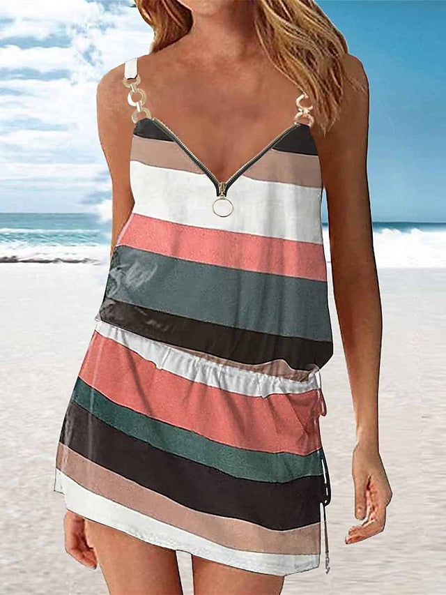 Women's Beach Dress Beach Wear Mini Dress Zipper Print Tropical Fashion Floral Spaghetti Strap Sleeveless Regular Fit Outdoor Daily Black And White White 2023 Summer Spring S M L XL - LuckyFash™