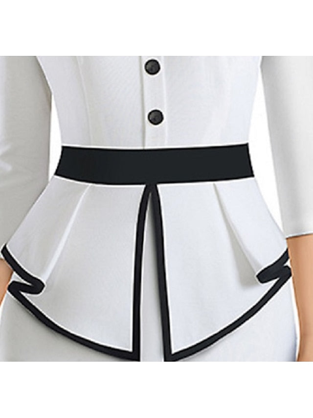 Women's Blazer Dress A Line Dress Church Dress Midi Dress Black White 3/4 Length Sleeve Striped Ruched Fall Winter Autumn Shirt Collar Work Slim 2023 S M L XL XXL - LuckyFash™