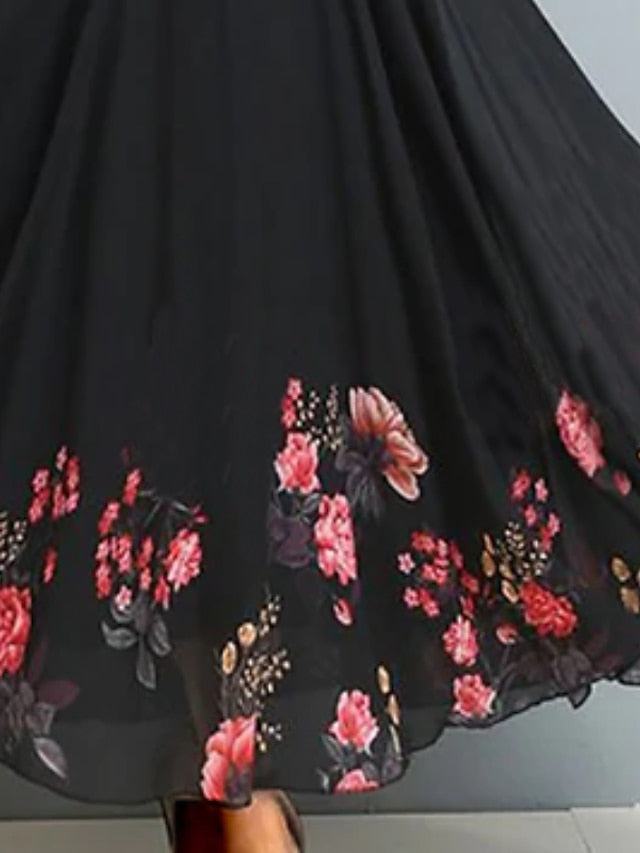 Women's A Line Dress Maxi long Dress Black Short Sleeve Floral Ruched Print Spring Summer Crew Neck Elegant Vacation 2023 3XL - LuckyFash™