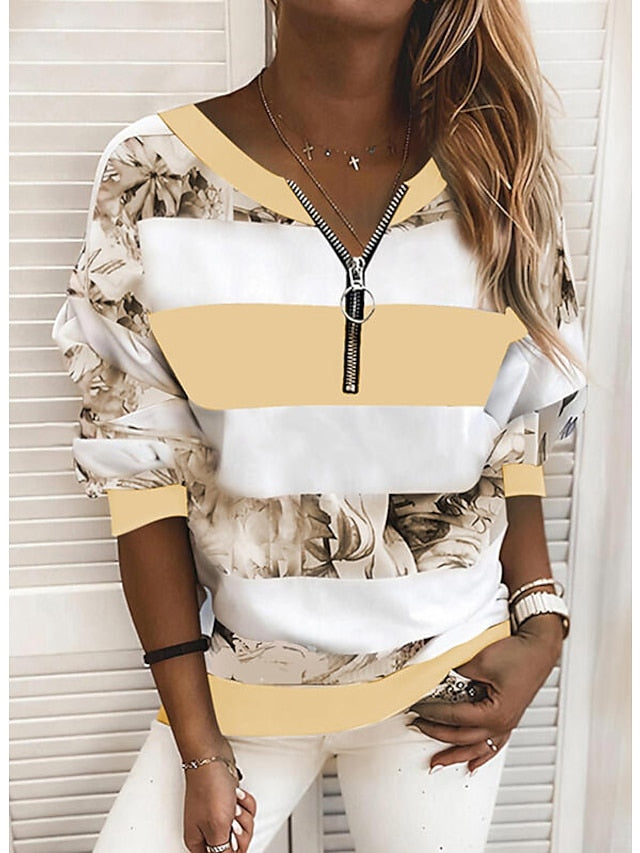 Women's Blouse Striped Color Block Daily Blouse Shirt Long Sleeve Print V Neck Loose Blue Pink Yellow S - LuckyFash™