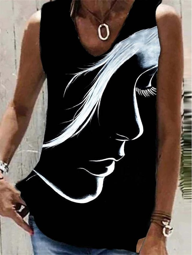 Women's Tank Top Black White Dark Gray Cat Portrait Print Sleeveless Casual Basic V Neck Regular 3D Cat Portrait S - LuckyFash™