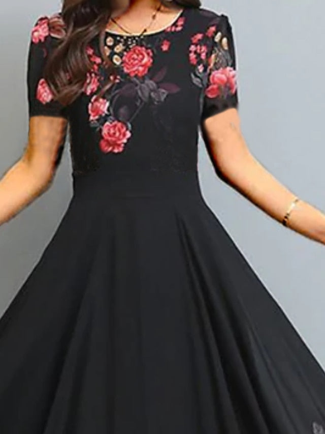 Women's A Line Dress Maxi long Dress Black Short Sleeve Floral Ruched Print Spring Summer Crew Neck Elegant Vacation 2023 3XL - LuckyFash™