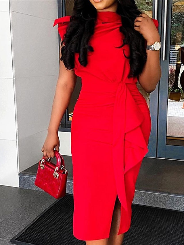 Women's Work Dress Sheath Dress Midi Dress Red Sleeveless Pure Color Ruffle Spring Summer Crew Neck Elegant Dress Party Vacation Slim 2023 S M L XL XXL 3XL - LuckyFash™