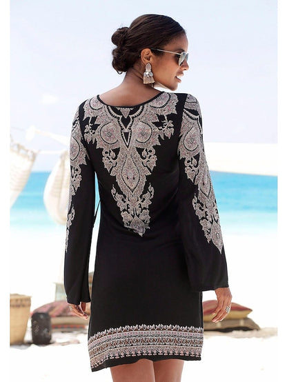 Women's A Line Dress Knee Length Dress Black Long Sleeve Print Lace up Summer Spring V Neck Elegant Winter Dress Fall Dress Slim 2023 M L XL XXL - LuckyFash™