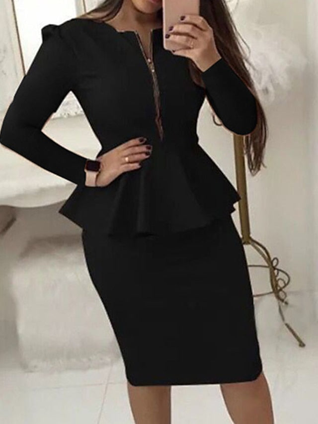 Women's Bodycon Sheath Dress Church Dress Midi Dress Black Yellow Red Long Sleeve Pure Color Ruffle Winter Fall Autumn Crew Neck Work Winter Dress Weekend Fall Dress 2023 S M L XL XXL - LuckyFash™