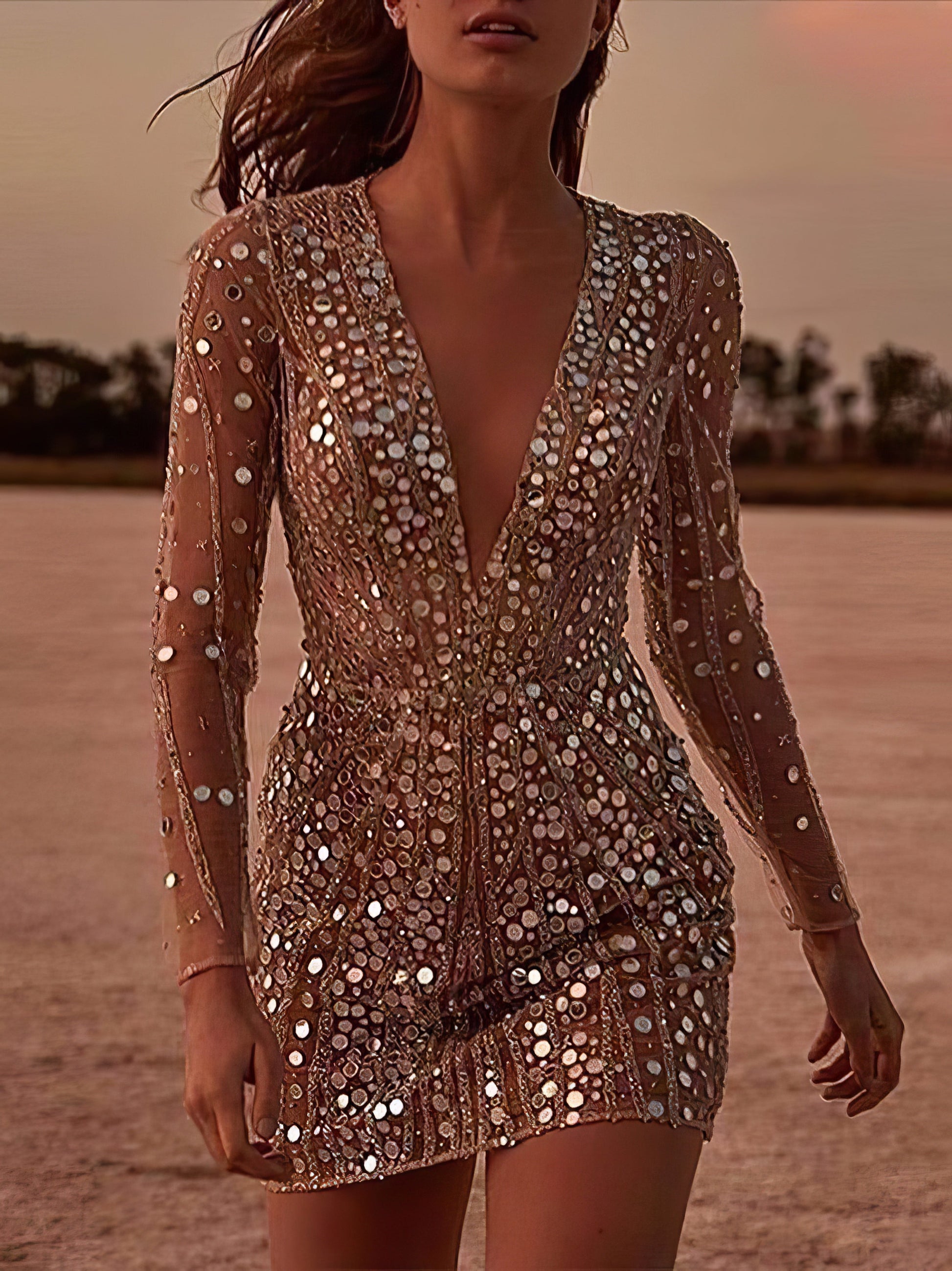 Women Deep V-Neck Sequined Slim Dress - LuckyFash™
