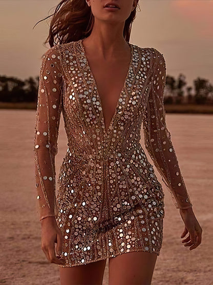Women Deep V-Neck Sequined Slim Dress - LuckyFash™