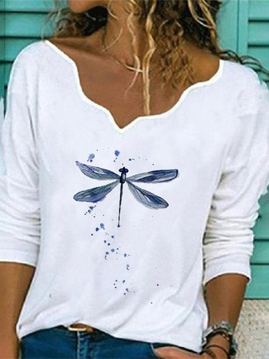 Women Dragonfly Printed V Neck Long Sleeve T-shirts - LuckyFash™