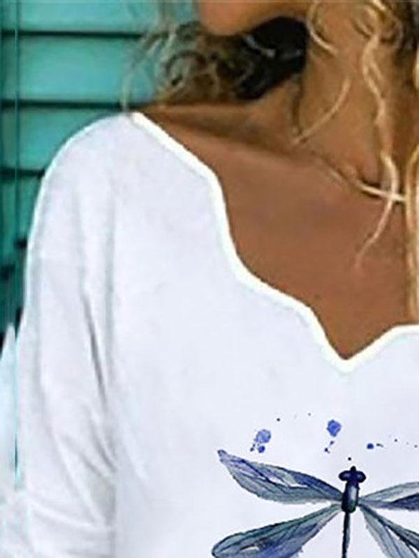 Women Dragonfly Printed V Neck Long Sleeve T-shirts - LuckyFash™