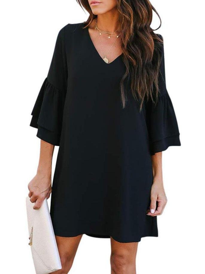 Women Loose Solid Color V Neck Mini Dress With Sleeve - LuckyFash™