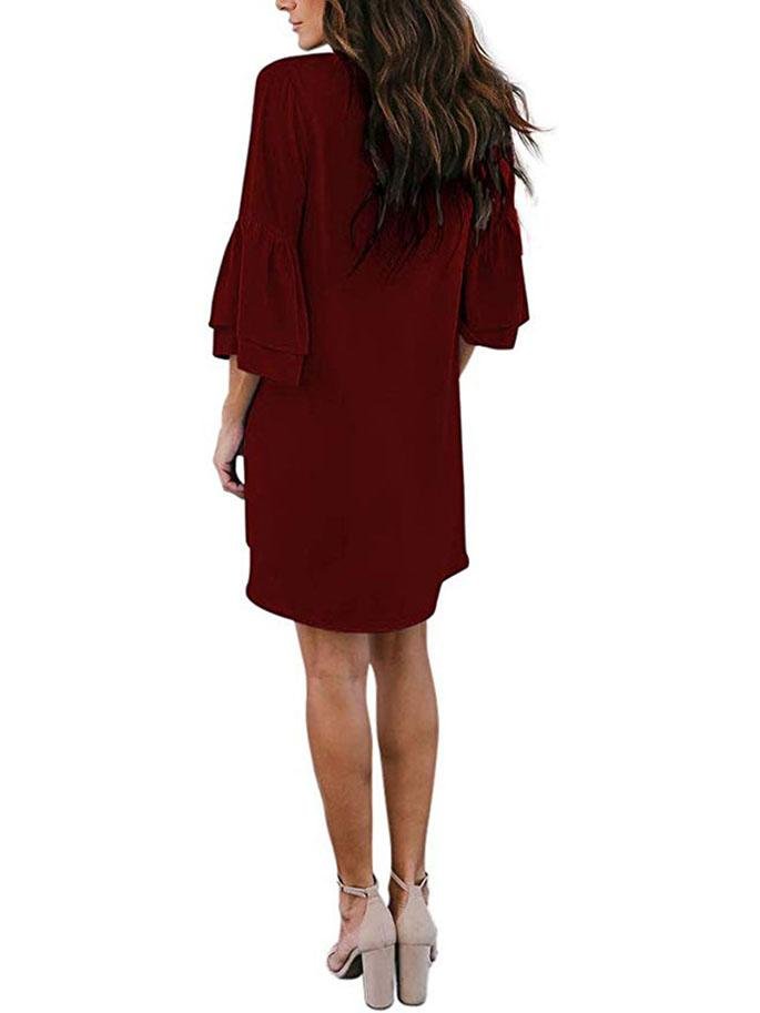 Women Loose Solid Color V Neck Mini Dress With Sleeve - LuckyFash™