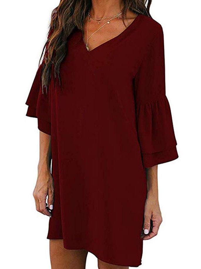 Women Loose Solid Color V Neck Mini Dress With Sleeve - LuckyFash™