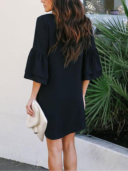 Women Loose Solid Color V Neck Mini Dress With Sleeve - LuckyFash™