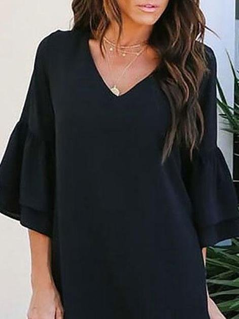 Women Loose Solid Color V Neck Mini Dress With Sleeve - LuckyFash™