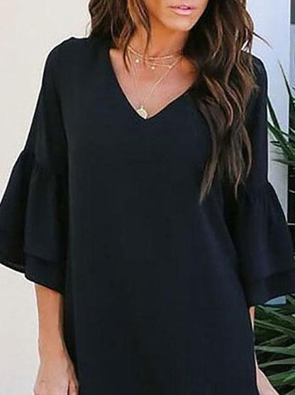 Women Loose Solid Color V Neck Mini Dress With Sleeve - LuckyFash™