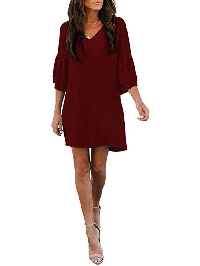 Women Loose Solid Color V Neck Mini Dress With Sleeve - LuckyFash™