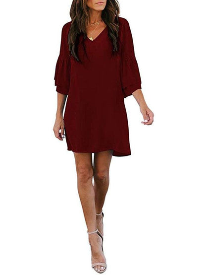 Women Loose Solid Color V Neck Mini Dress With Sleeve - LuckyFash™