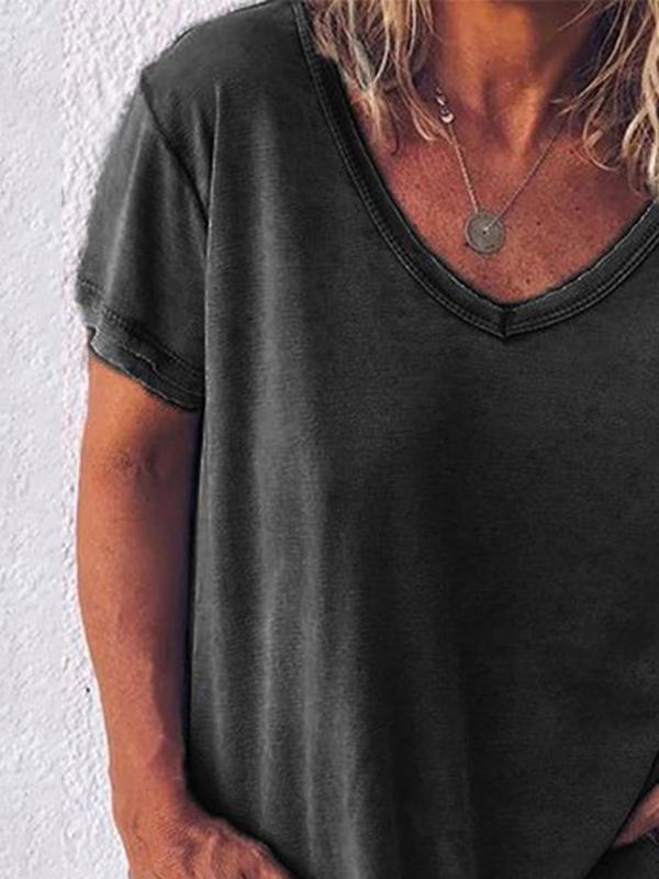 Women Solid Color V Neck Short Sleeve T-shirt - LuckyFash™