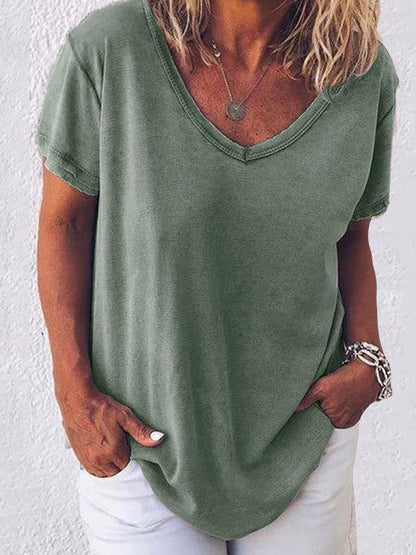 Women Solid Color V Neck Short Sleeve T-shirt - LuckyFash™