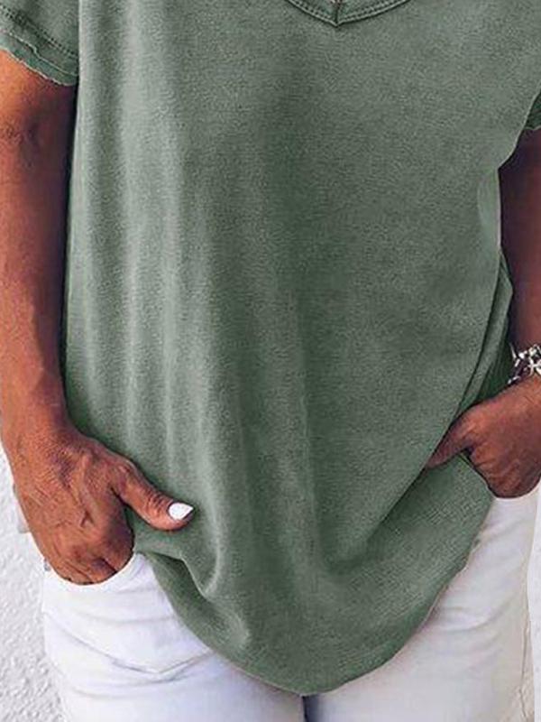 Women Solid Color V Neck Short Sleeve T-shirt - LuckyFash™