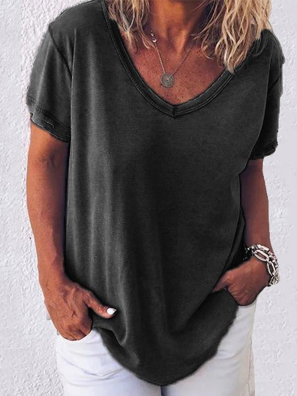 Women Solid Color V Neck Short Sleeve T-shirt - LuckyFash™
