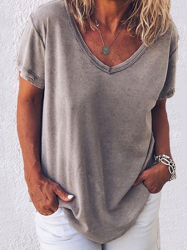 Women Solid Color V Neck Short Sleeve T-shirt - LuckyFash™