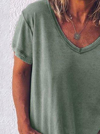 Women Solid Color V Neck Short Sleeve T-shirt - LuckyFash™