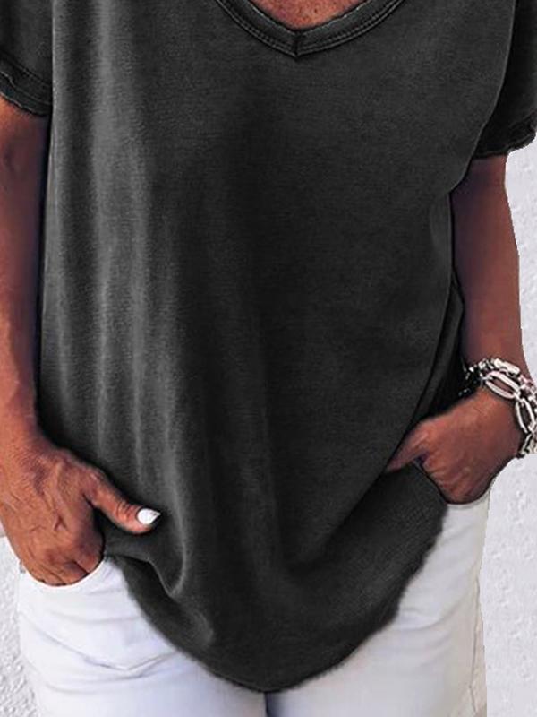 Women Solid Color V Neck Short Sleeve T-shirt - LuckyFash™